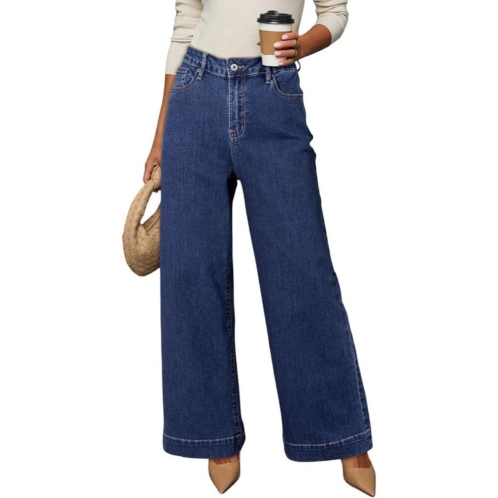 Women's Bluing Waisted Wide Leg Denim Jeans Stretchy Loose Pants with Pockets